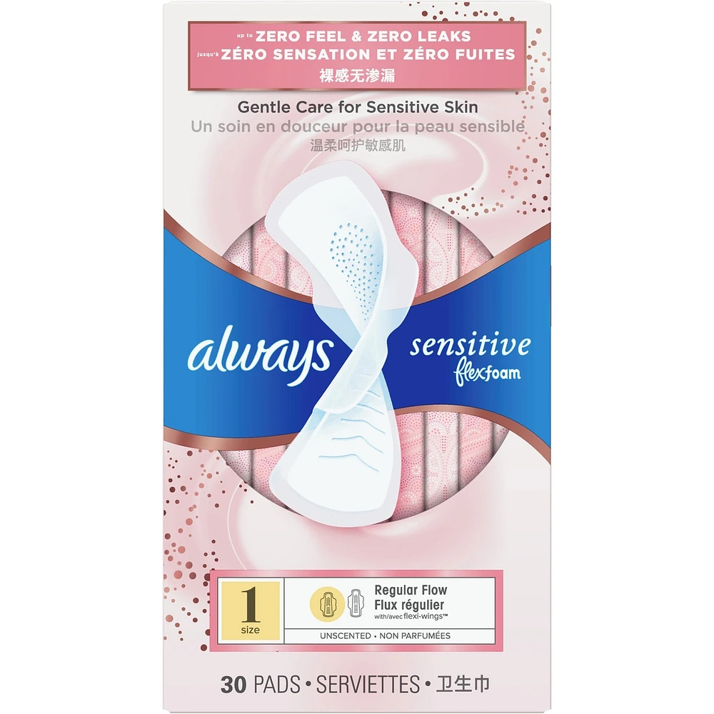 Serviettes Sensitive FlexFoam, taille 2, flux régulier, non parfumées avec ailes, 30u
