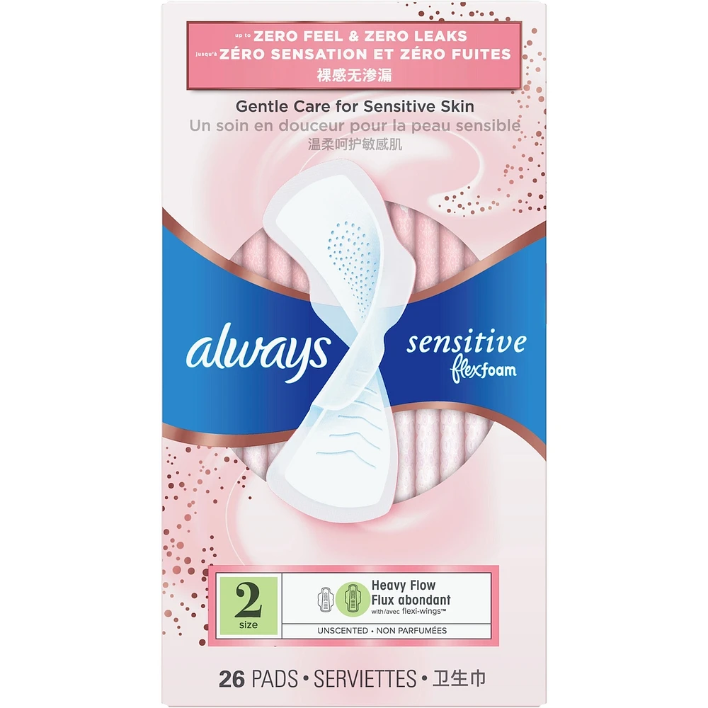 Serviettes Sensitive FlexFoam, taille 2, flux abondant, non parfumées avec ailes, 26u