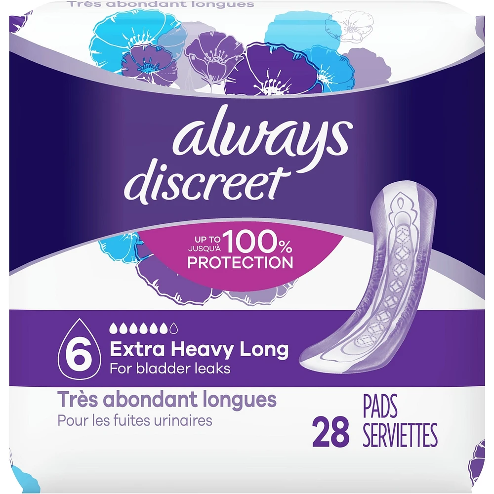 Serviette d’incontinence et de post-partum femmes Always Discreet, très abondant longues, protège jusqu’à 100 % contre les fuites urinaires, 28 u