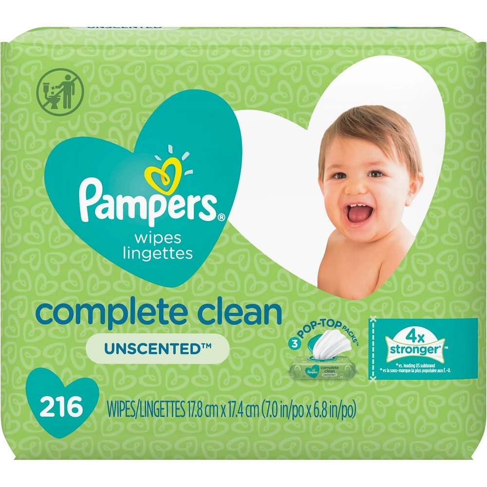 Lingettes pour bébés non parfumées Pampers Complete Clean, 3X boîtes distributrices, 216 lingettes