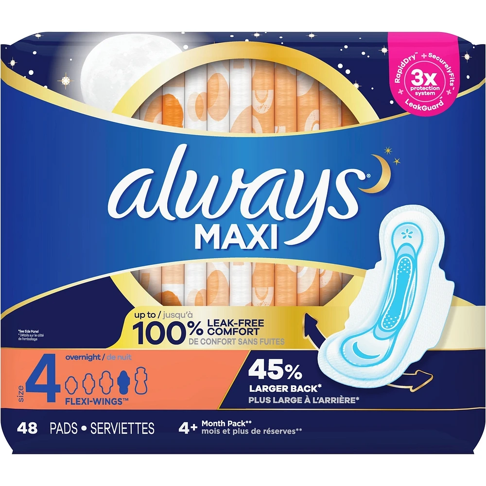 Serviettes Maxi, de nuit, avec ailes, taille 4, non parfumées