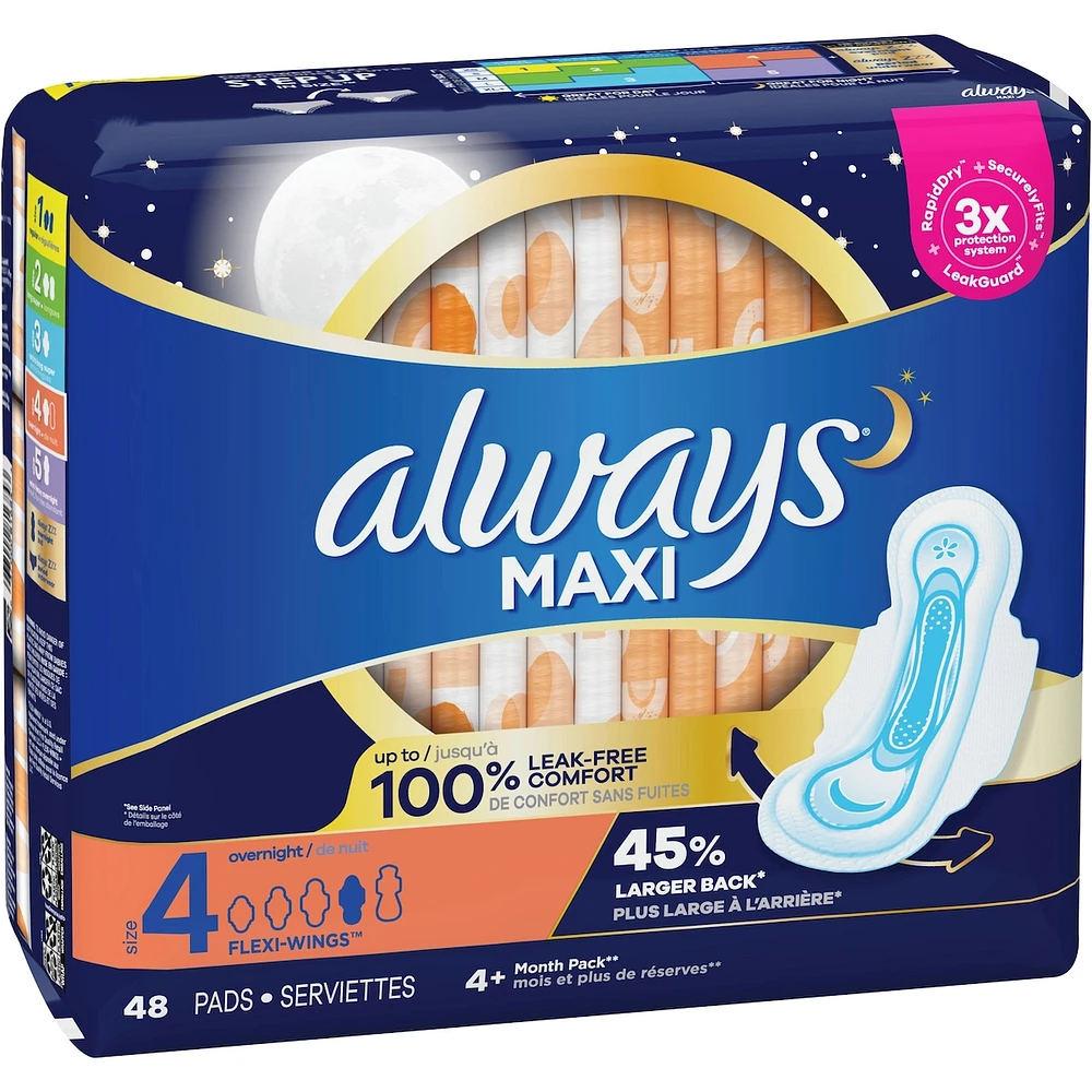 Maxi Overnight Pads with Wings, Size 4, Overnight, Unscented