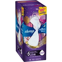 Always Radiant FlexFoam Pads for Women, Size 5, Extra Heavy Overnight Absorbency, 100% Leak & Odor Free Protection is possible, with Wings, Scented, 18 count