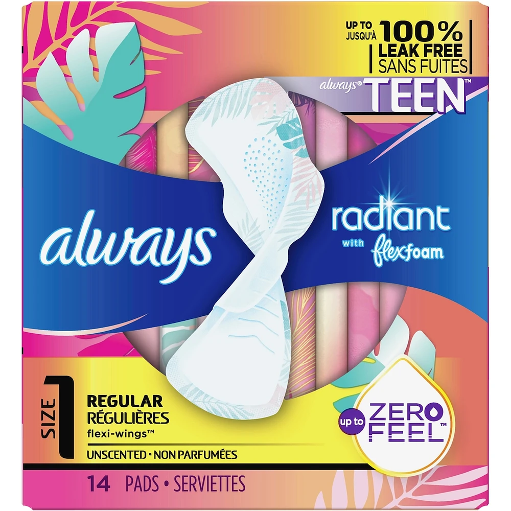 Serviettes Radiant Flexfoam pour adolescentes, degré d’absorption régulier, ailes, 14 u