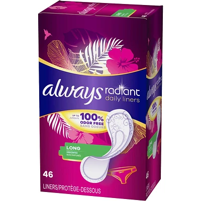 Always Radiant Daily Liners Long Absorbency, Up to 100% Odor-free, 46 Count