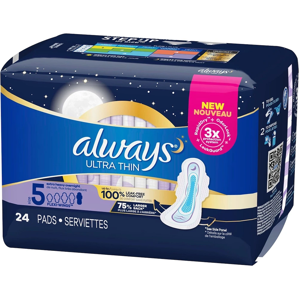 Serviettes Always Ultra Thin, de nuit, flux très abondant, avec ailes, taille 5, non parfumées