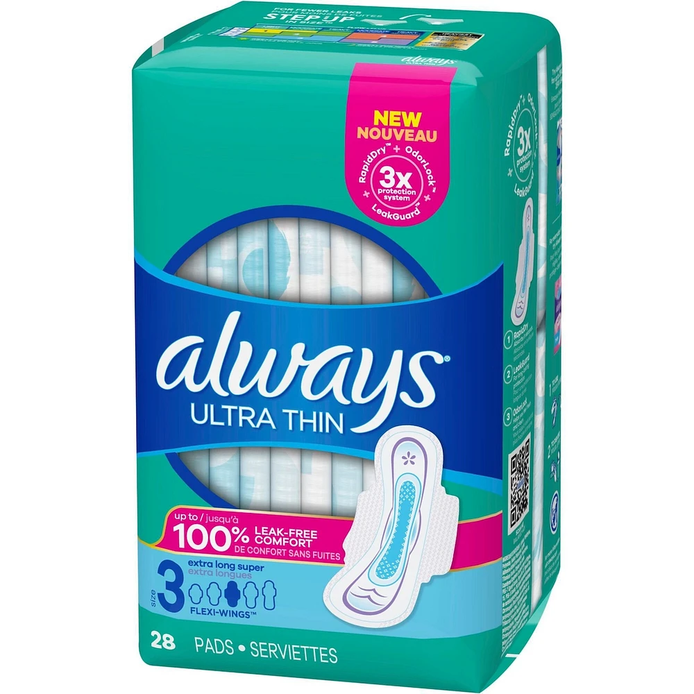 Serviettes Always Ultra Thin, extra longues Super avec ailes, taille 3, non parfumées