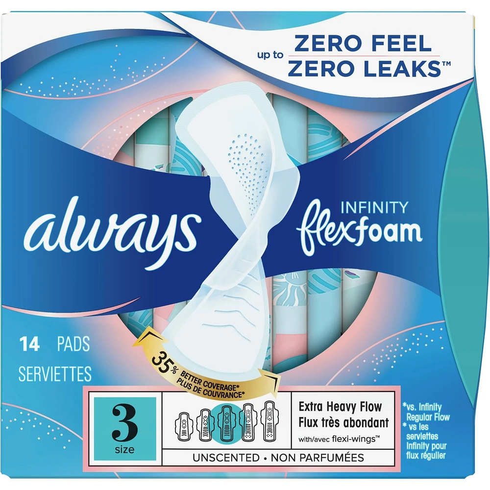 Serviettes hygiéniques ALWAYS Infinity, flux très abondant avec ailes, taille 3, non parfumées, 14 serviettes