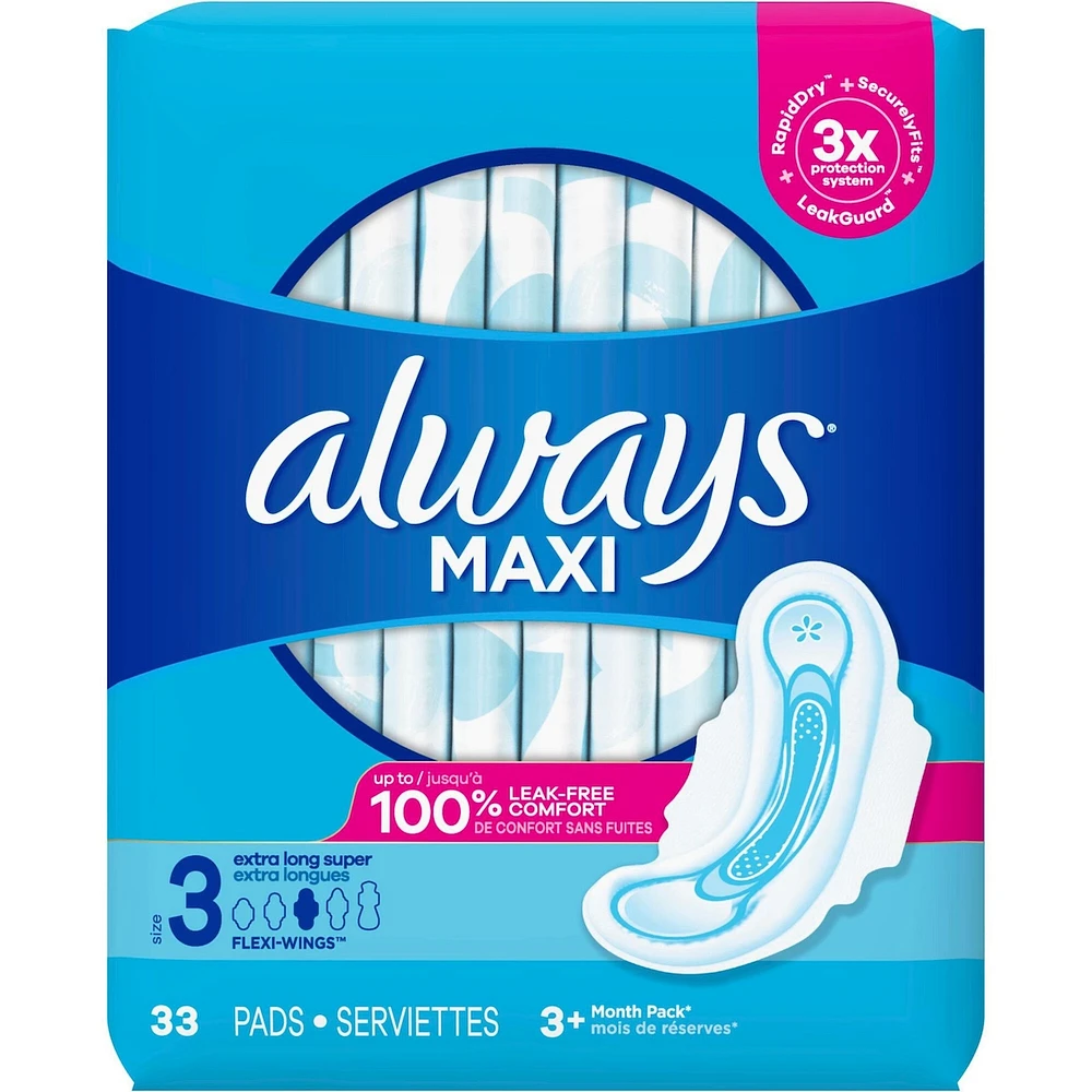 Always Maxi Pads Size 3 Extra Long Super Absorbency Unscented with Wings