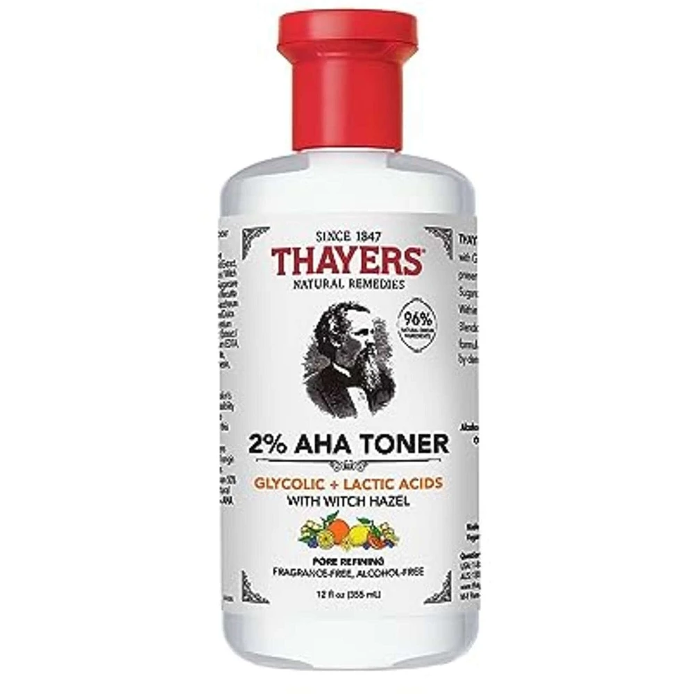 Tonique exfoliant 2% AHA avec acide glycolique, acide lactique et hamamélis, lissant et affinant les pores