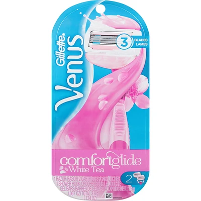 Venus Comfortglide Women's Razor White Tea Scented with Reusable Razor Handle, 2 Razor Blade Refills and Shower Holder