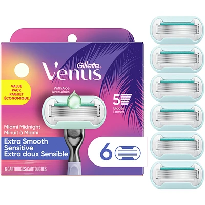 Gillette Venus Miami Midnight Extra Smooth Sensitive Women's Razor Refills, 6 ct