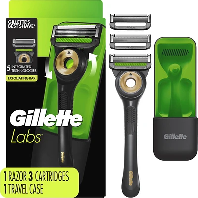 GilletteLabs With Exfoliating Bar Black & Gold Edition, Razor For Men, 1 Handle, 3 Blade Refills, Includes Travel Case for Convenient Storage On The Go