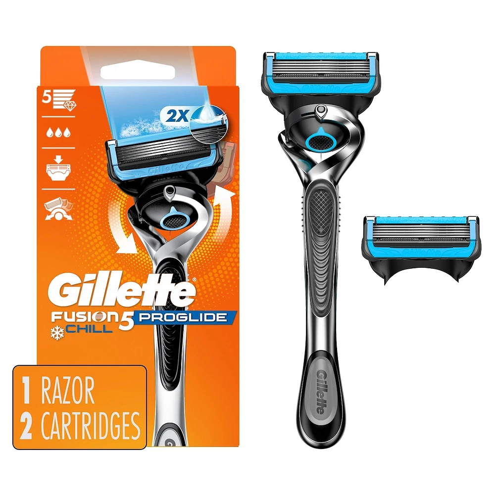 Rasoir Gillette Fusion5 ProGlide Chill pour homme, 1 manche, 2 recharges, 2 lubrifiants rafraîchissants, manche FlexBall et tondeuse de précision