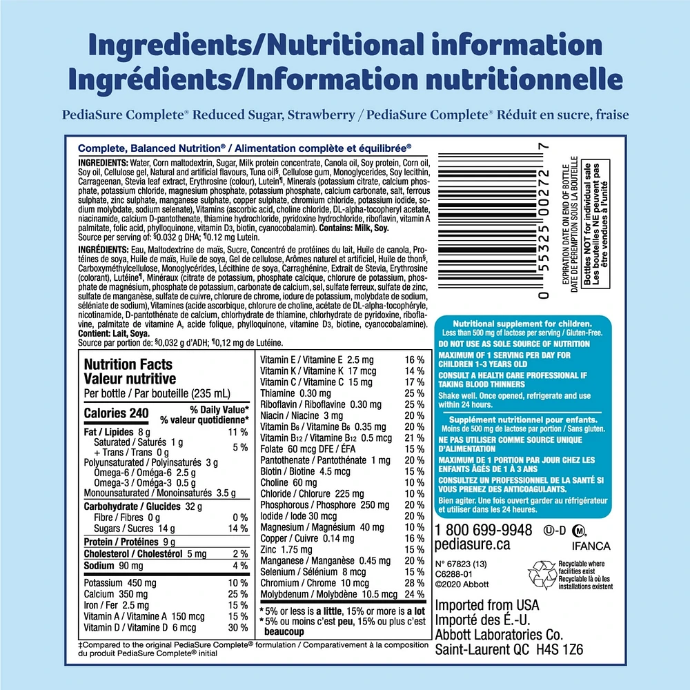 PediaSure Complete® Reduced Sugar, Nutritional Supplement, 4 x 235 mL, Strawberry