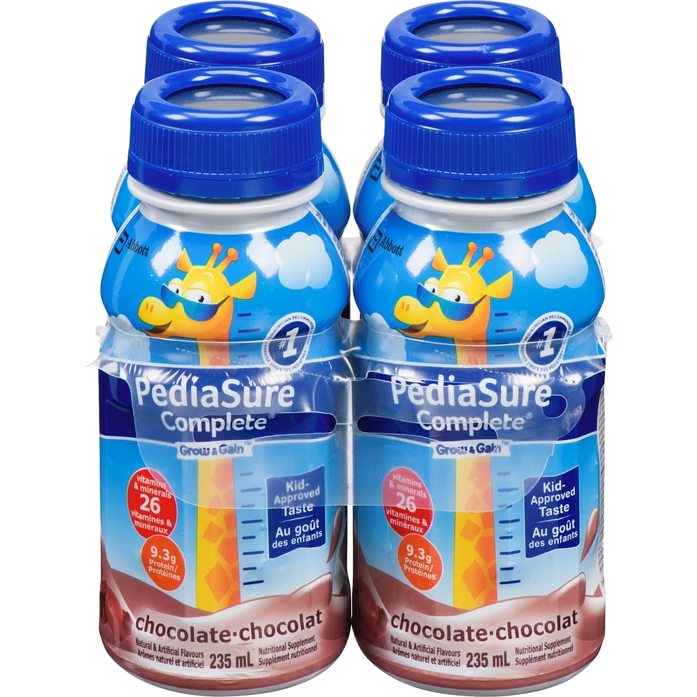 PediaSure Complete®, supplément nutritionnel, 4 x 235 mL, chocolat - boisson nutritive pour enfants, source d'ADH et de vitamines, favorise le gain de poids lorsqu’il est pris 2 fois par jour