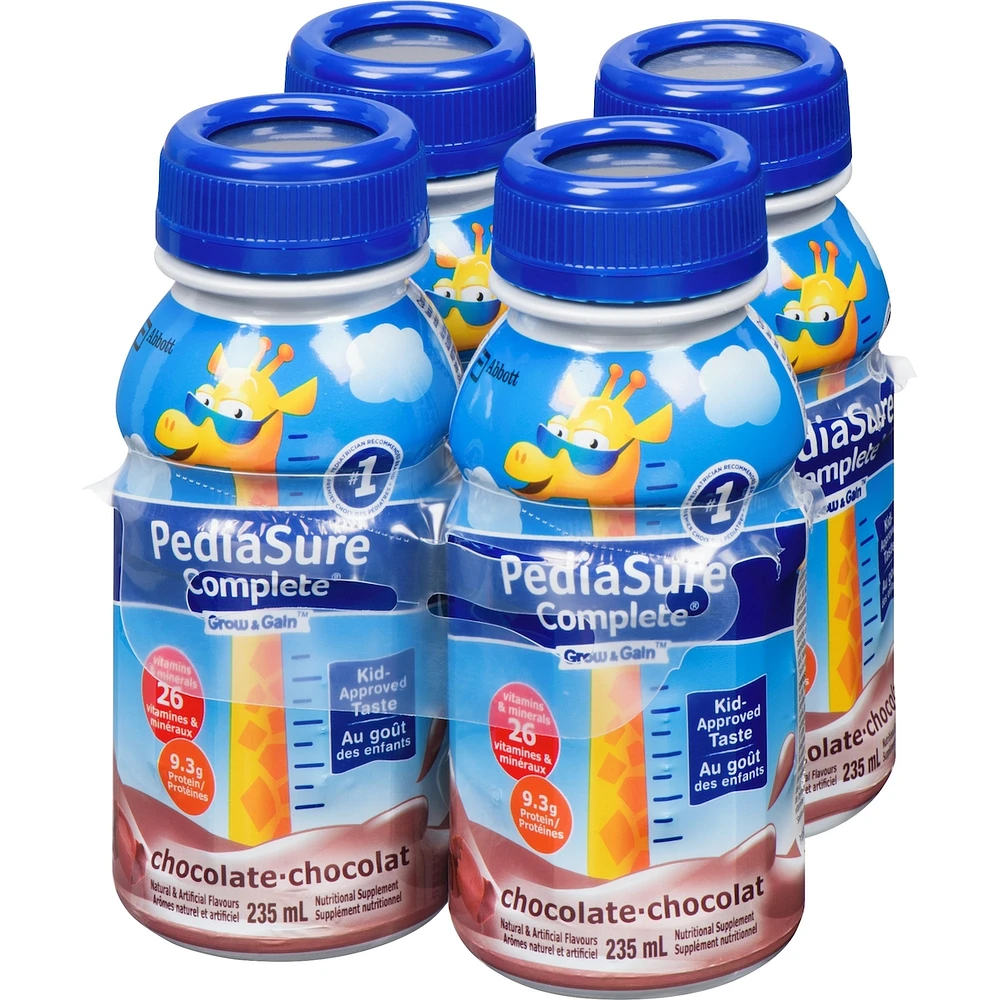 PediaSure Complete®, Nutritional Supplement, 4 x 235 mL, Chocolate – Kids nutritional shake, containing DHA and vitamins, helps promote weight gain when taken twice a day
