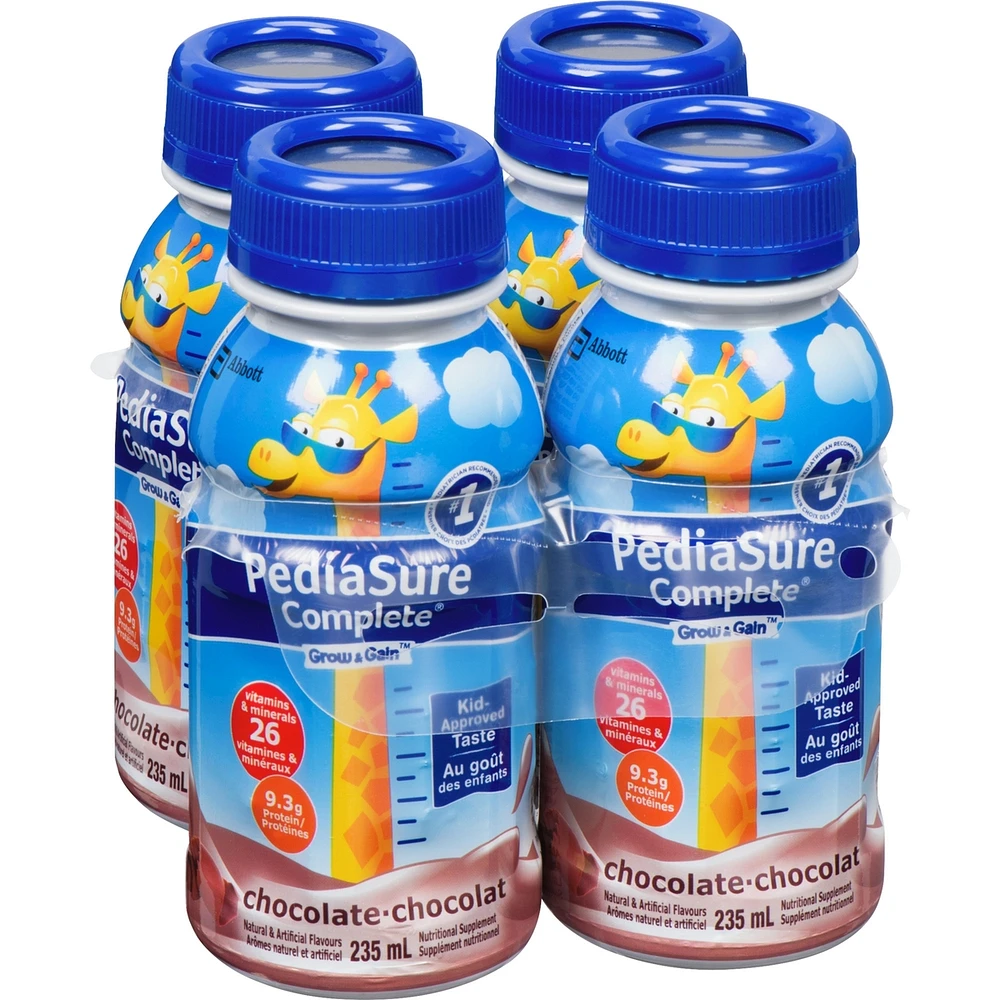 PediaSure Complete®, Nutritional Supplement, 4 x 235 mL, Chocolate – Kids nutritional shake, containing DHA and vitamins, helps promote weight gain when taken twice a day