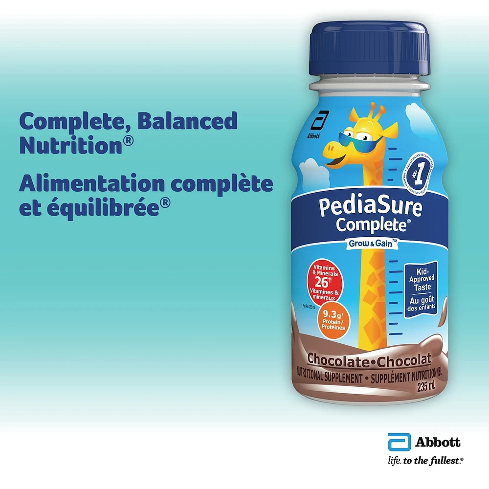 PediaSure Complete®, Nutritional Supplement, 4 x 235 mL, Chocolate – Kids nutritional shake, containing DHA and vitamins, helps promote weight gain when taken twice a day