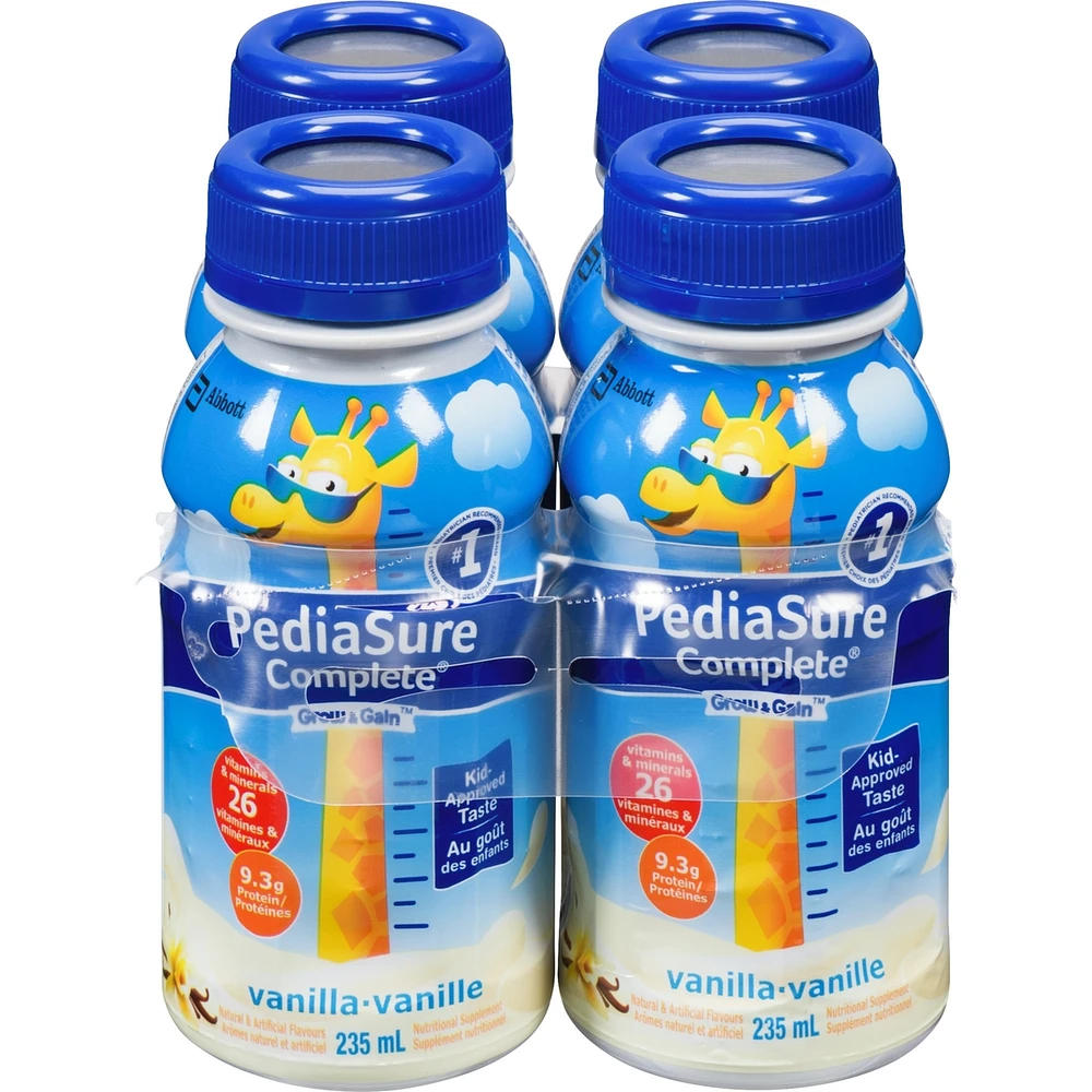PediaSure Complete®, supplément nutritionnel, 4 x 235 mL, vanille - boisson nutritive pour enfants, source d'ADH et de vitamines, favorise le gain de poids lorsqu’il est pris 2 fois par jour