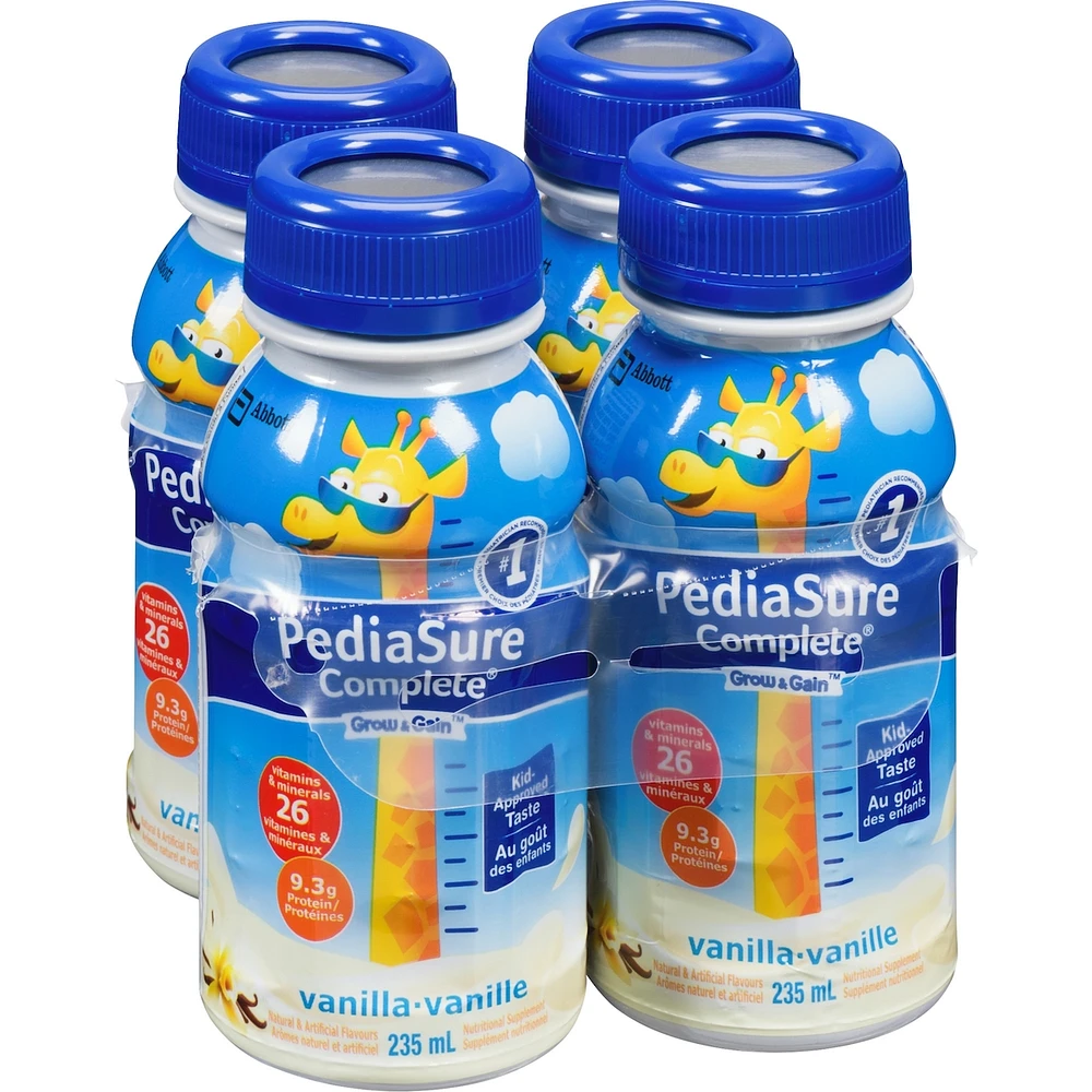 PediaSure Complete®, Nutritional Supplement, 4 x 235 mL, Vanilla – Kids nutritional shake containing DHA and vitamins, helps promote weight gains when taken twice a day