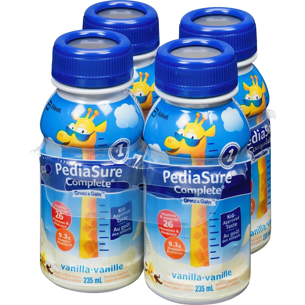 PediaSure Complete®, Nutritional Supplement, 4 x 235 mL, Vanilla – Kids nutritional shake containing DHA and vitamins, helps promote weight gains when taken twice a day