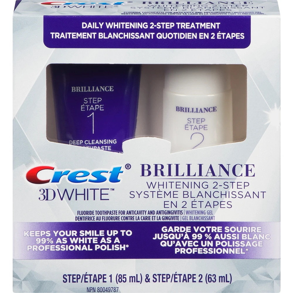 Dentifrice en deux étapes Crest 3D White Brillance + gel blanchissant, tubes de 85 et de 63 mL