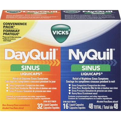 DayQuil Sinus Liquid Capsules + Vicks NyQuil Sinus Liquid Capsules, Total 48 Count