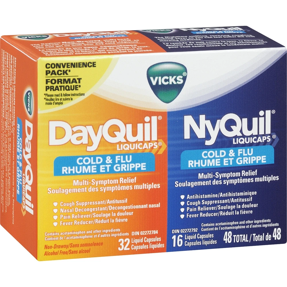 DayQuil Cold & Flu Multi-Symptom Relief Liquid Capsules + Vicks NyQuil Cold & Flu Multi-Symptom Relief Liquid Capsules, Total 48 Count