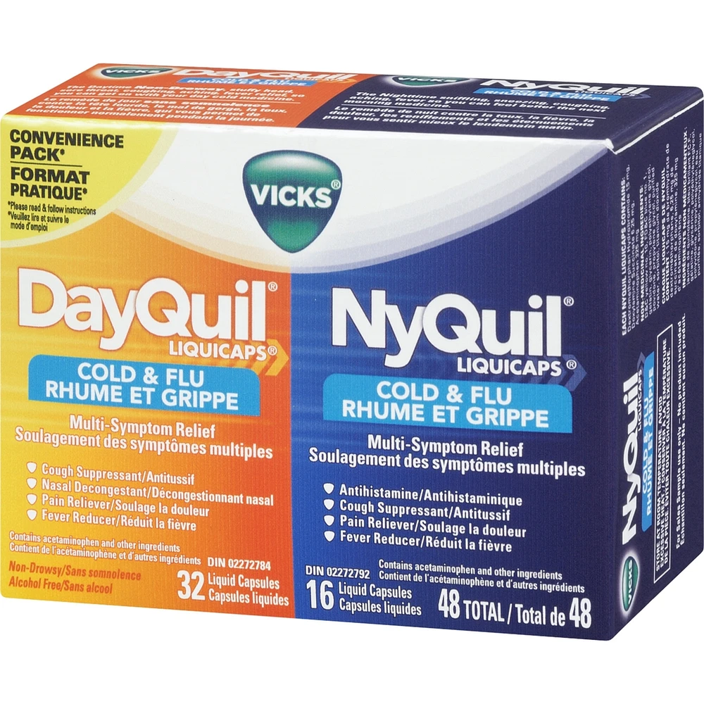 DayQuil Cold & Flu Multi-Symptom Relief Liquid Capsules + Vicks NyQuil Cold & Flu Multi-Symptom Relief Liquid Capsules, Total 48 Count