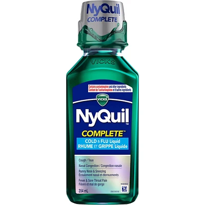 Vicks NyQuil COMPLETE : rhume, grippe, congestion, soulagement maximal nuit, toux, mal de gorge, fièvre, congestion et écoulement nasal, baies