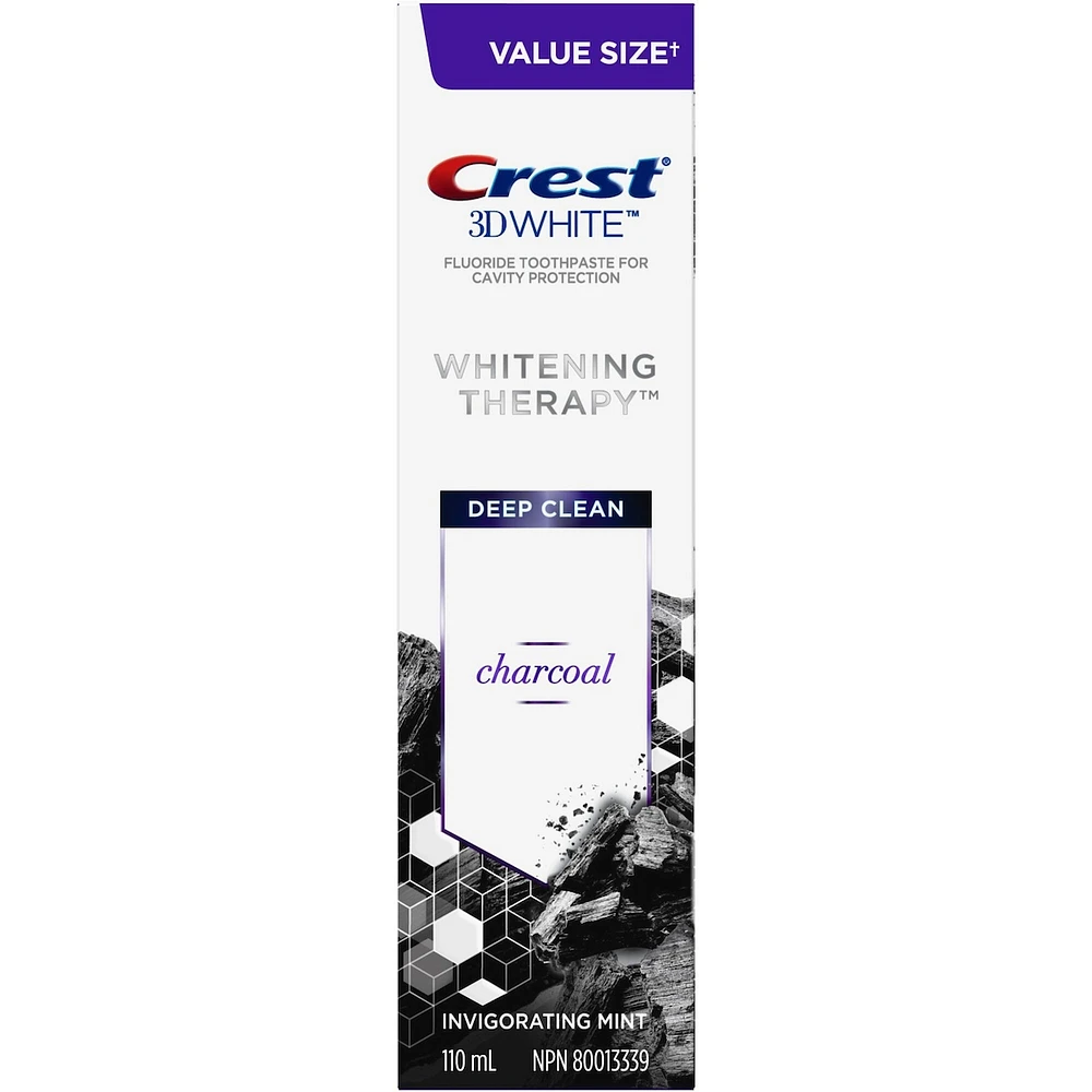 Dentifrice au fluorure avec charbon Crest 3D White Whitening Therapy Nettoyage en profondeur, Menthe vivifiante, 110 mL