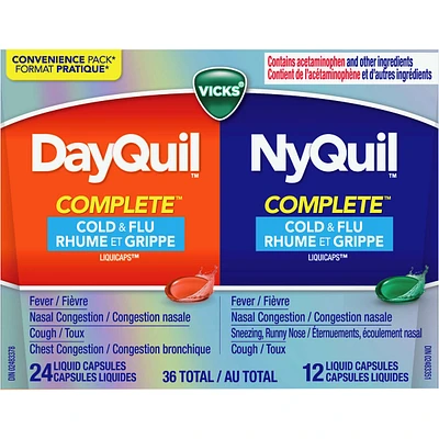 Médicament Vicks DayQuil et NyQuil COMPLETE : rhume, grippe et congestion, 36 Liquicaps, toux, mal de gorge, fièvre, écoulement nasal, jour/nuit