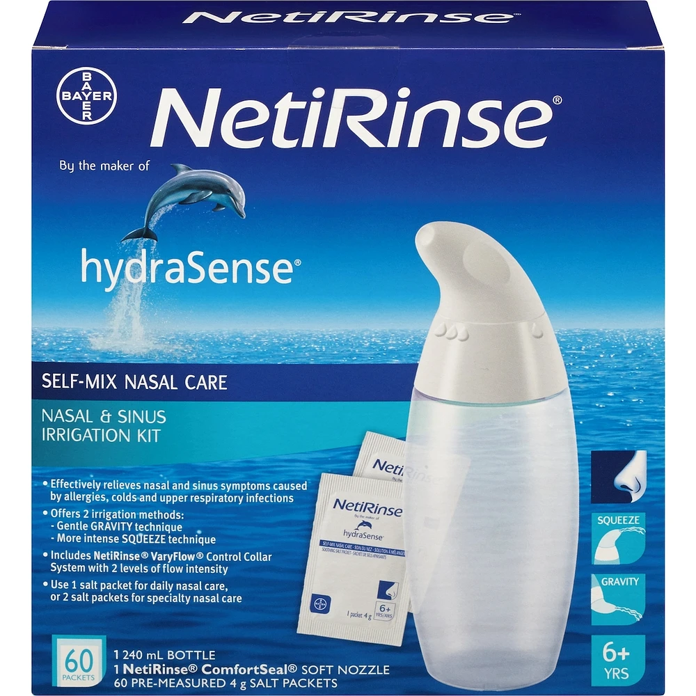 Trousse d’irrigation du nez et des sinus 2 en 1 hydraSense NetiRinse, aide à réduire et à soulager les symptômes nasaux et des sinus, 1 trousse