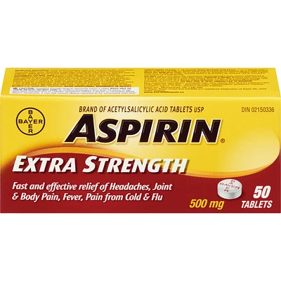 ASPIRIN Extra-fort à 500 mg, soulagement rapide et efficace des maux de tête, des douleurs articulaires et musculaires, de la fièvre et de la douleur associée au rhume et à la grippe