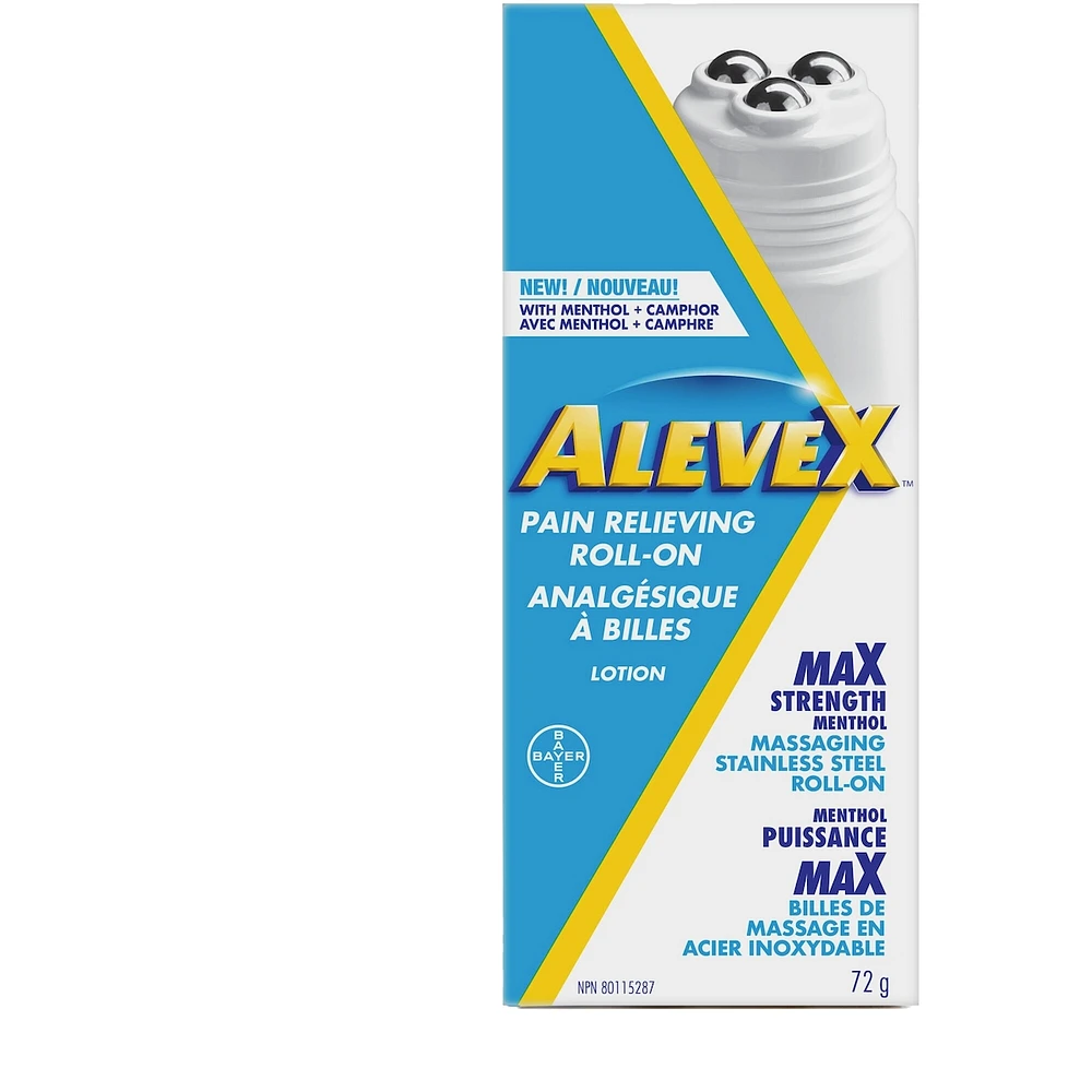 Lotion anti-douleur topique AleveX - Pour les douleurs musculaires et articulaires, les maux de dos et le soulagement des douleurs arthritiques, contient du menthol rafraîchissant de force maximale avec du camphre, avec applicateur à bille massante