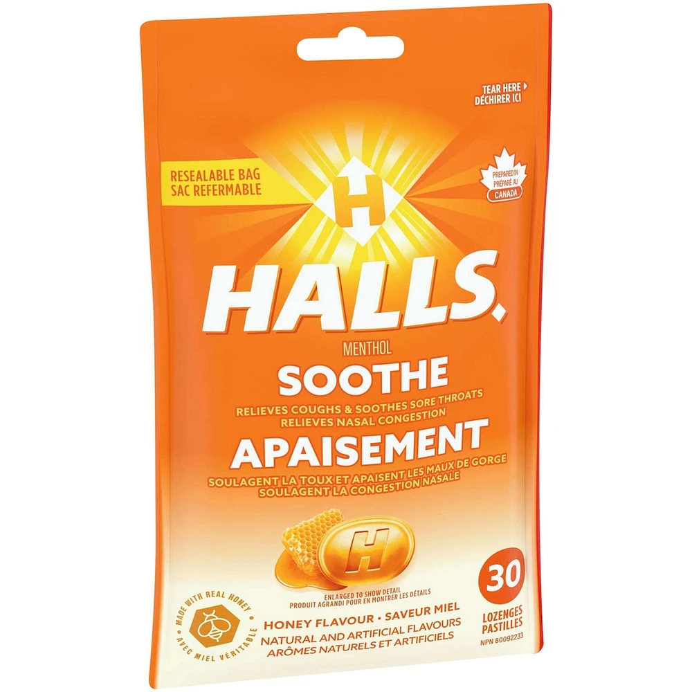 Halls Soothe Menthol Honey Flavour, 30 Cough Drops