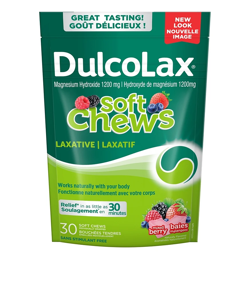 Dulcolax Soft Chews, mélange de baies, fiable, prévisible et doux, un laxatif pour un soulagement rapide de la constipation occasionnelle, sans stimulant, sans gluten, pour adultes et enfants de 12 ans et plus