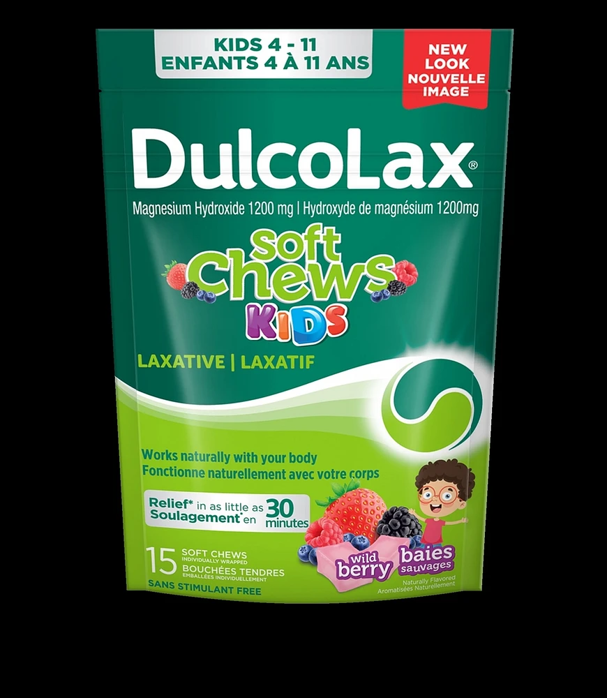 Dulcolax Soft Chews Kids, baies sauvages, fiable, prévisible et doux, un laxatif pour un soulagement rapide de la constipation occasionnelle, sans stimulant, sans gluten, pour les enfants de 4 ans et plus