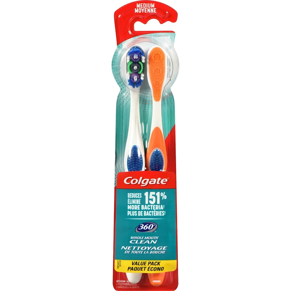 Paquet écono de 2 brosses à dents moyennes Colgate 360