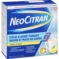 NeoCitran Cold & Sore Throat Night Hot Liquid Medication Regular Strength Lemon 10 pack