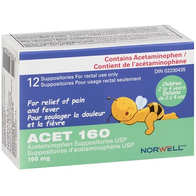 ACET Suppository for Fever & Pain 160mg - Fever Reducer Suppositories for Children (2-4 Years) - Comfortable & Safe Acetaminophen Suppository - For Rectal Use Only