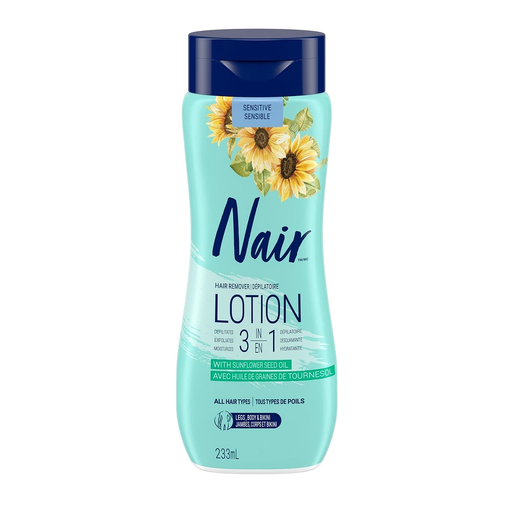 Nair 3-in-1 Hair Removal Lotion for Sensitive Skin with Sunflower Seed Oil and Green Tea Extract, 233 mL