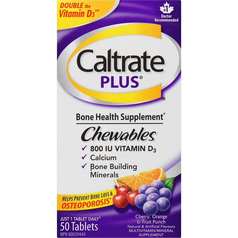 Comprimés à croquer Caltrate Plus, supplément de calcium et de vitamine D3 pour la santé des os, 50 unités