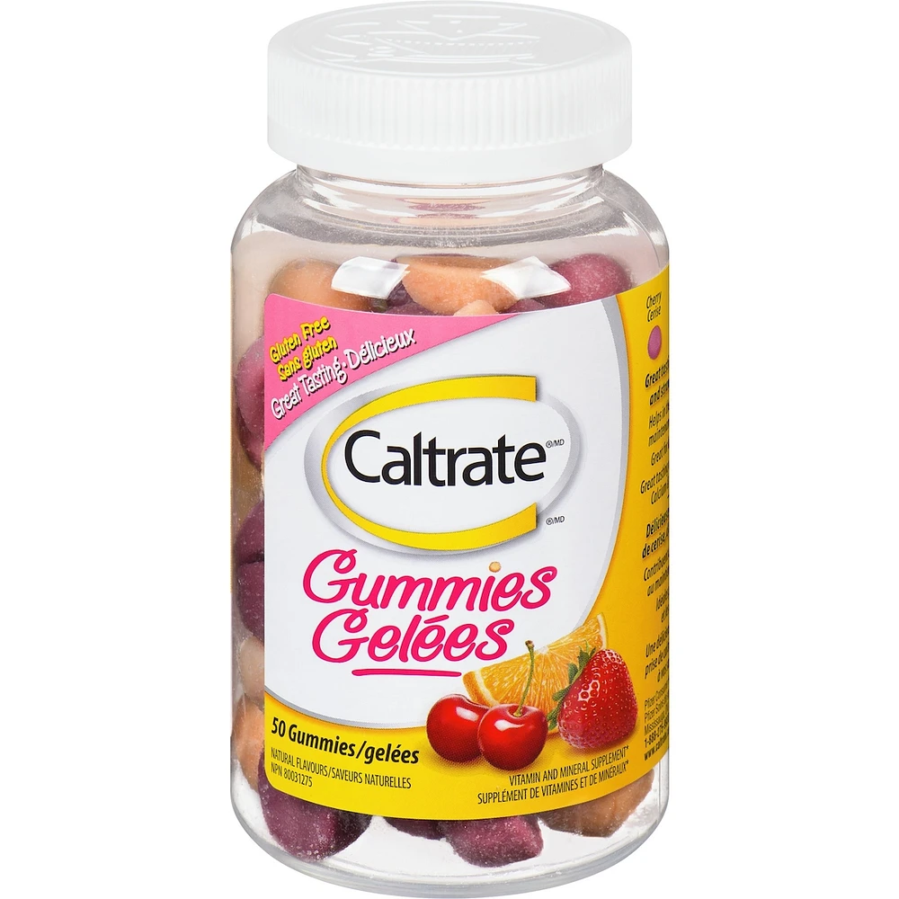 Gelées Caltrate, supplément de calcium et de vitamine D3 pour la santé des os, cerise, orange et fraise, 50 unités