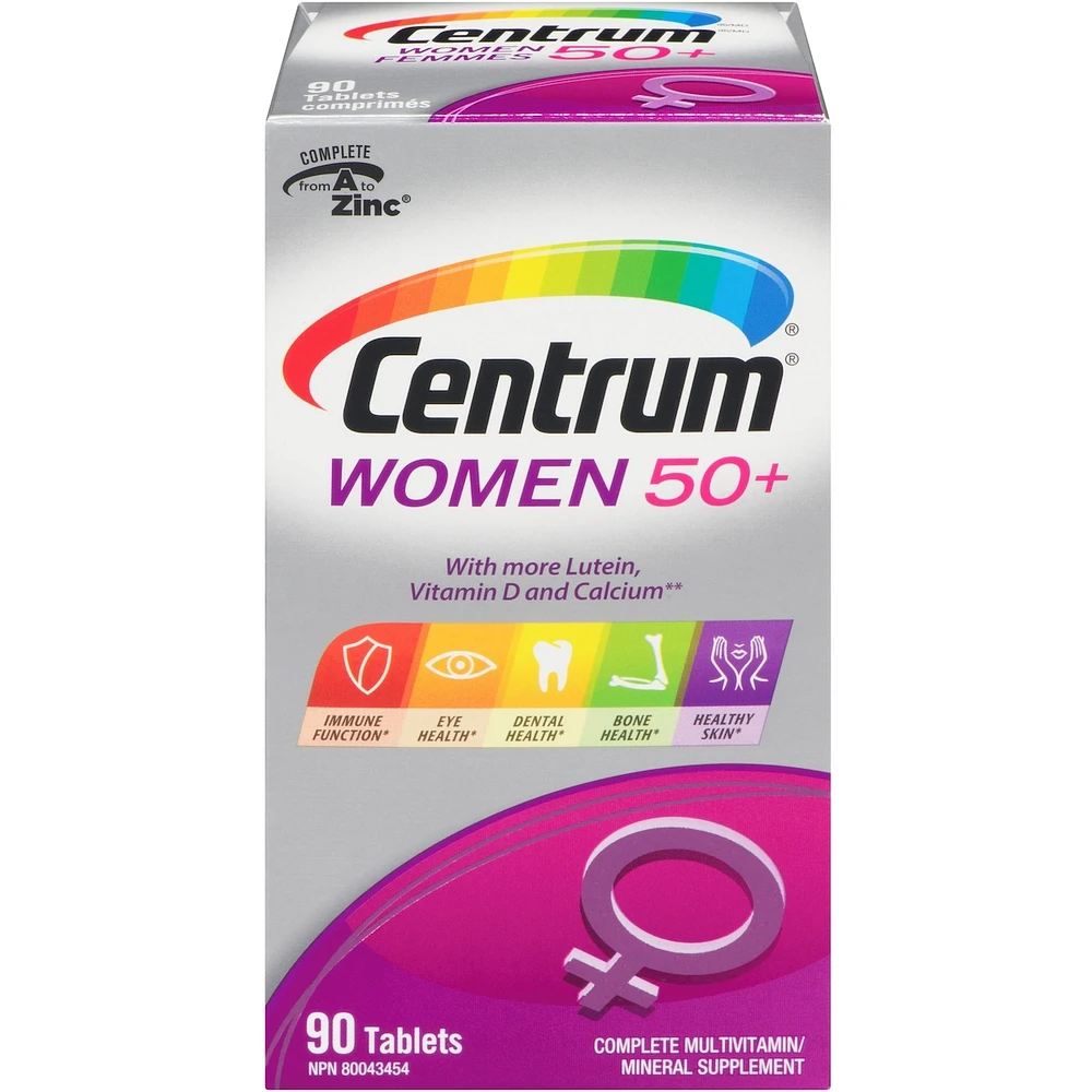 Centrum Femmes 50+, un supplément complet de vitamines et de minéraux, en format de 90 comprimés