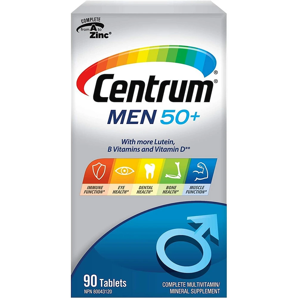Centrum Hommes 50+, un supplément complet de vitamines et de minéraux, en format de 90 comprimés