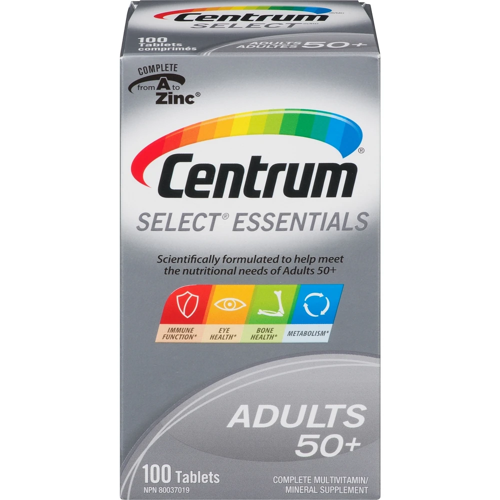 Centrum Select Essentiels 50+, un supplément complet de vitamines et de minéraux, en format de 100 comprimés