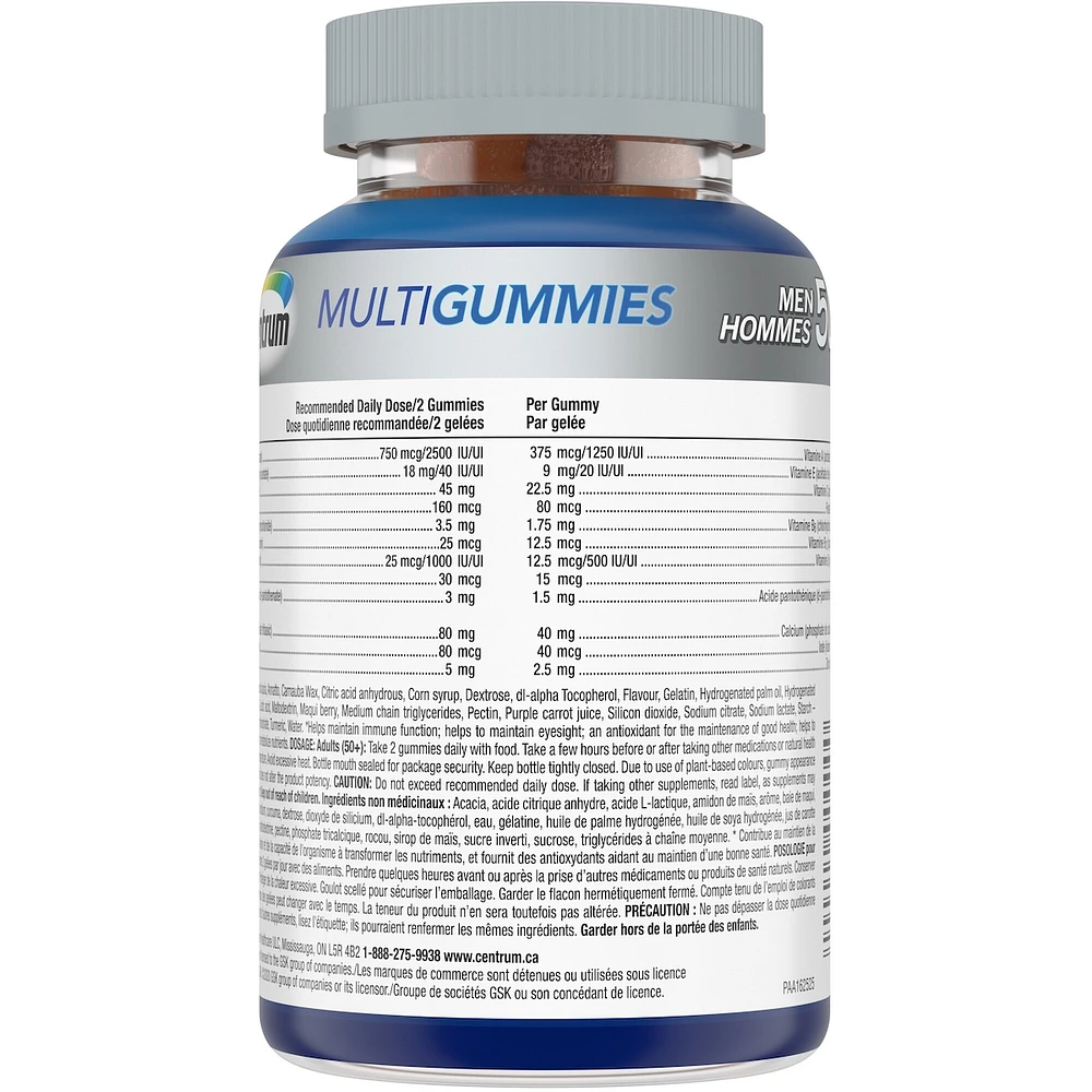 Centrum MultiGummies Men 50+ Multivitamin and Multimineral Supplement, Sour Apple, Tropical, and Mixed Berry Flavours, 120 Count