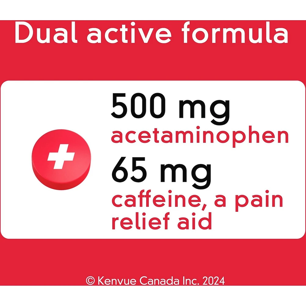 Comprimés Extra fort Soulagement de jour, 500 mg d’acétaminophène + 65 mg de caféine